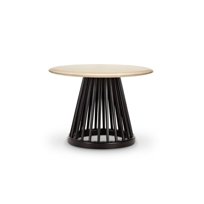 Tisch Fan Schwarzer Fuß Tischplatte aus naturfarbenem Birkenholz 600 mm