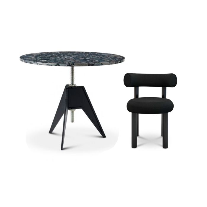 Set of Four Fat Dining Chair and Screw Cafe Table Pebble Marble Table