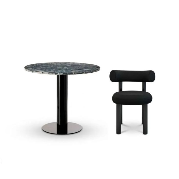 Set of Four Fat Dining Chair and Tube Dining Table Black Pebble Marble