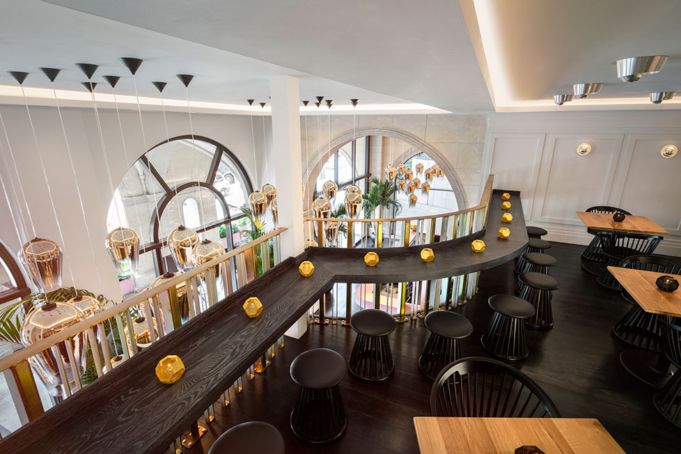 Bronte Restaurant, The Strand London featuring Tom Dixon lighting and furniture