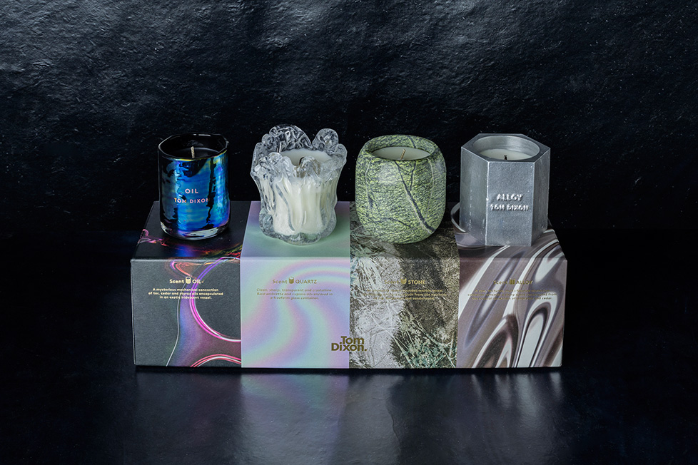 Four small vessels, each with its own distinctive scent and finish relating back to materiality. 