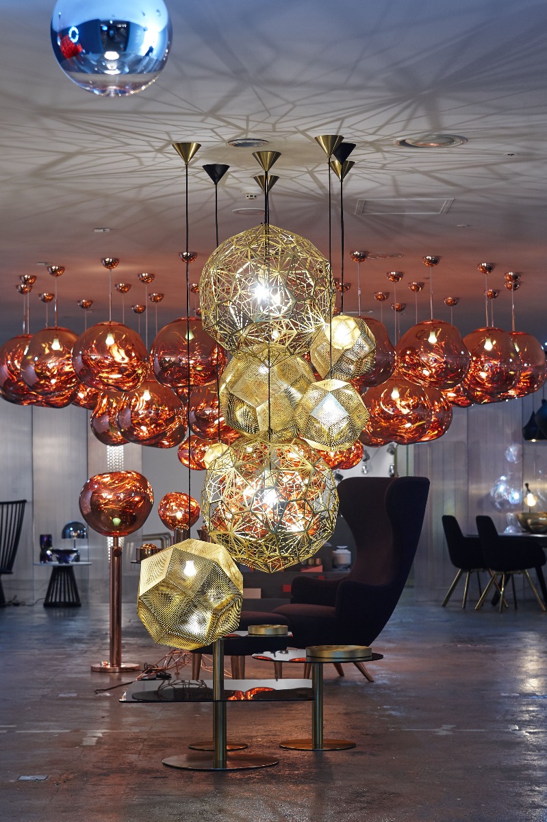 Tom Dixon Yesterday, Today, Tomorrow exhibition at 10 Corso Como Seoul, featuring a cluster of Melt pendants, and a brass Etch and Etch Web pendant installation.